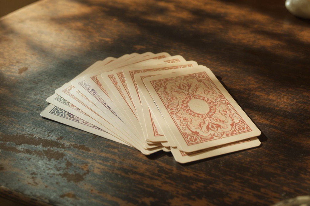 Ahşap masa üzerinde yelpaze gibi açılmış, hepsi kapalı duran ve arka yüzlerindeki kırmızı işlemeli desen görünen iskambil kağıtları