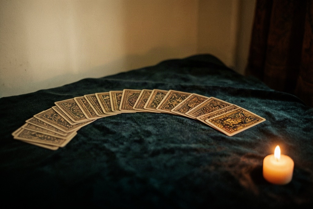 Kadife örtü üzerinde yüzü kapalı duran desenli tarot kartları ve yanlarında yanan küçük bir mum